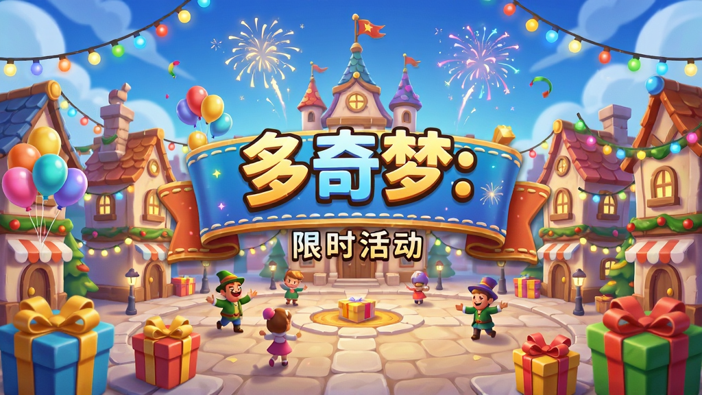 多奇梦: 冒险 限时活动宣传图,主体为节日装饰的奇幻城镇广场,布局采用广角全景,排版中央显示活动标题横幅,风格为喜庆热闹的卡通庆典,细节包括彩灯、气球、礼物盒、烟花特效,画质明亮干净,无多余元素