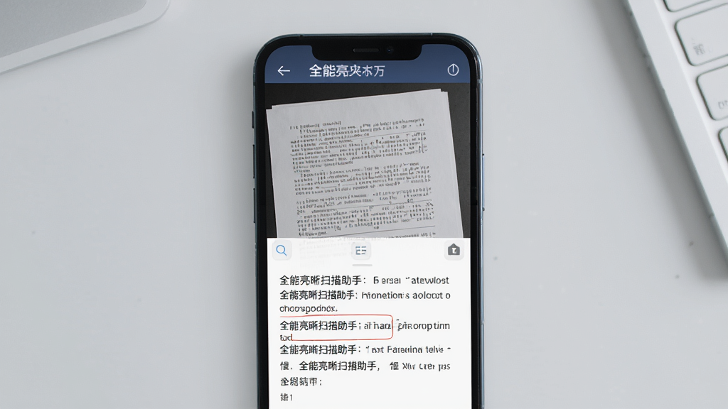 一部手机屏幕上显示全能亮晰扫描助手正在将一张纸质文档中的文字提取为可编辑文本,屏幕上半部分为文档照片,下半部分为识别出的文字内容,背景为简洁的浅灰色桌面,风格现代,画质清晰,构图干净,无多余元素