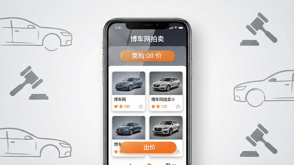 画面主体是一部智能手机,屏幕中显示“博车网拍卖”APP的首页界面,页面中有多辆汽车缩略图、竞拍倒计时与出价按钮。布局为手机居中放置,背景是简洁的浅灰渐变,四周点缀汽车轮廓线条与拍卖锤图标。排版上手机屏幕内容清晰可见,文字使用中文“博车网拍卖”。风格为现代扁平化科技风,细节包括屏幕反光、按钮高亮、车辆卡片阴影。画质高清,画面干净,无多余元素。