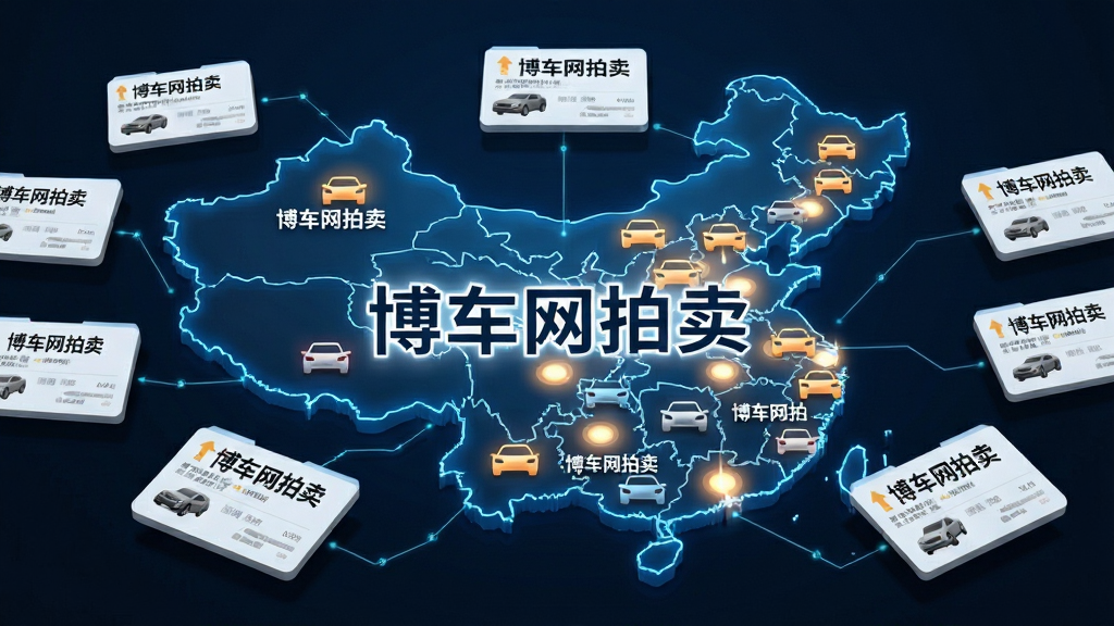 画面主体是一张中国地图,地图上分布着多个汽车图标与“博车网拍卖”文字标识,地图前方悬浮着车辆信息卡片。布局为地图居中,卡片环绕地图边缘排列。排版上地图占据主要视觉,文字使用中文“博车网拍卖”。风格为商务科技感,细节包括地图光点、卡片投影、连接线条。画质清晰,画面干净,无多余元素。