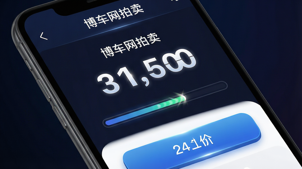 画面主体是手机屏幕特写,显示“博车网拍卖”的竞拍出价页面,页面中有价格数字、倒计时进度条与出价按钮。布局为手机屏幕充满画面,背景为深色渐变。排版上价格与按钮突出显示,文字使用中文“博车网拍卖”。风格为现代UI界面风,细节包括按钮高光、数字放大、进度条动效。画质高清,画面干净,无多余元素。
