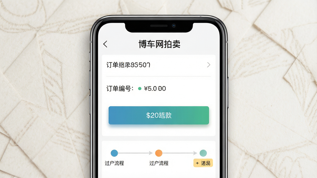 画面主体是手机屏幕展示“博车网拍卖”订单结算页面,页面中有订单编号、付款按钮与过户流程步骤条。布局为手机居中,背景为浅色商务纹理。排版上订单信息与流程条上下排列,文字使用中文“博车网拍卖”。风格为简洁商务风,细节包括按钮阴影、步骤圆点、金额高亮。画质高清,画面干净,无多余元素。