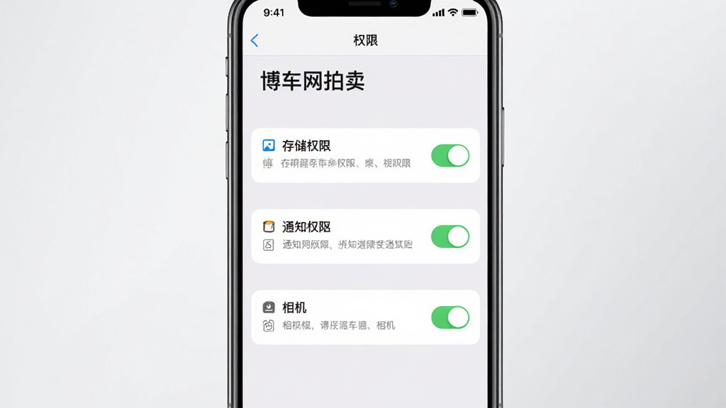 画面主体是手机屏幕显示“博车网拍卖”APP的权限设置页面,页面中有存储权限、通知权限与相机权限开关。布局为手机居中,背景为浅灰渐变。排版上权限列表清晰排列,文字使用中文“博车网拍卖”。风格为系统设置界面风,细节包括开关按钮、图标、说明文字。画质高清,画面干净,无多余元素。