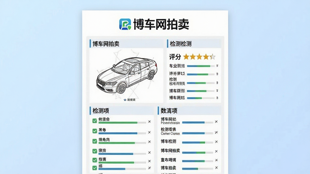 画面主体是一份车辆检测报告界面,报告上有“博车网拍卖”标识,页面中包含车辆结构图、评分星级与检测项列表。布局为报告居中展示,背景为浅蓝色渐变。排版上报告内容分栏清晰,文字使用中文“博车网拍卖”。风格为专业检测风,细节包括图表、勾选标记、数据条。画质清晰,画面干净,无多余元素。