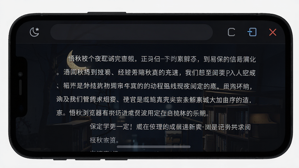 悟秋浏览器夜间模式阅读界面展示,手机屏幕显示深色背景的浏览器阅读页,正文文字清晰,顶部有夜间模式图标,整体排版舒适,背景为暗色护眼风格,画质干净,无多余元素
