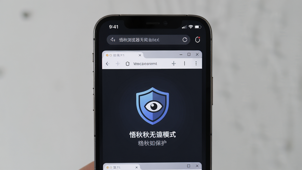 悟秋浏览器无痕模式界面展示,一部手机屏幕上显示浏览器无痕窗口,界面中央有盾牌与眼睛图标,象征隐私保护,背景为深色护眼风格,排版简洁,细节清晰,画质干净,无多余元素