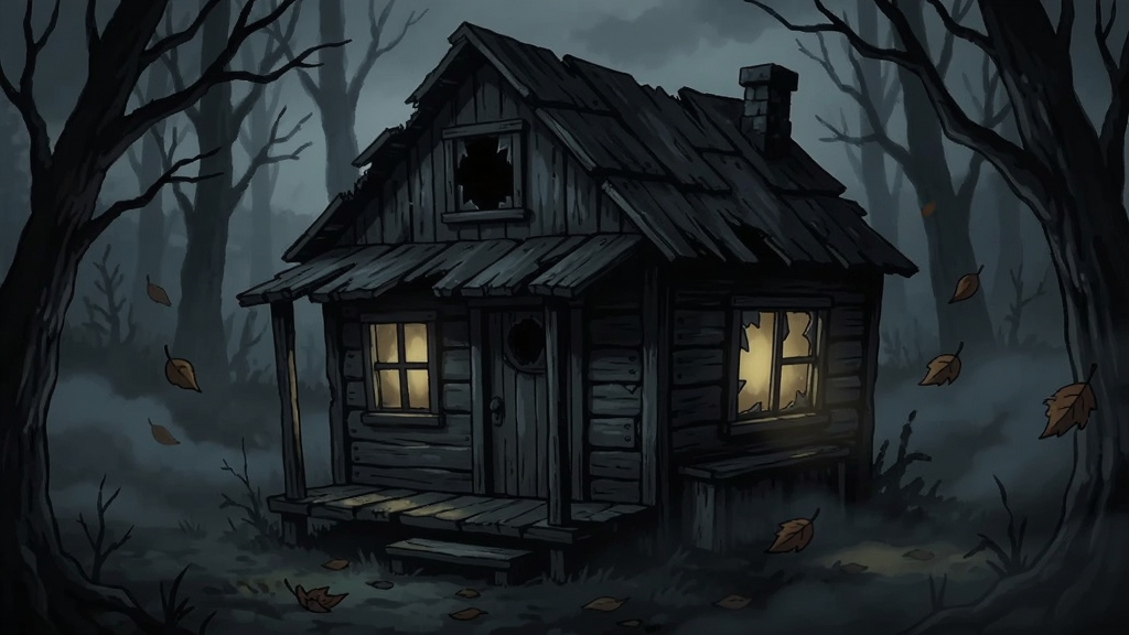 一幅暗黑风格的神秘小屋场景插画,画面中央是一座破旧的木屋,窗户透出微弱昏黄灯光,周围环绕着枯树与浓雾,整体色调偏暗黑与深蓝,风格为手绘质感,细节包含木纹、破损窗框、飘落的枯叶,画质清晰干净,无多余元素,画面中不出现任何文字