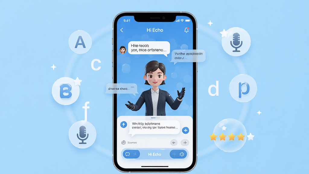 һ��չʾ Hi Echo ��������ȫò������ͼ�������������ֻ���Ļ����Ļ����ʾ Hi Echo Ӧ�������棬�������˽��������Ӣ��Ի����ݣ���Χ����Ӣ����ĸ����˷�ͼ��Ϳ����������ǣ�����Ϊǳ��ɫ���䣬���ּ����У�������¿Ƽ��У�ϸ�ڰ������水ť�ͶԻ����������ɼ������ʸ��壬�ɾ����޶���Ԫ��