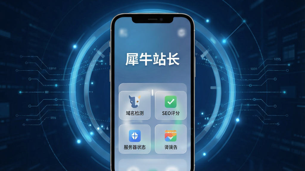 一张关于“犀牛站长”软件核心全貌的详细图片,主体为一部智能手机屏幕亮起,屏幕中央显示“犀牛站长”字样与简洁的仪表盘界面,包含域名检测、SEO评分、服务器状态等图标,布局为手机居中、四周环绕淡蓝色科技光晕与数据流线条,排版干净利落,风格为现代扁平化科技风,细节上带有半透明毛玻璃效果与微光点缀,画质为高清4K、干净无多余元素