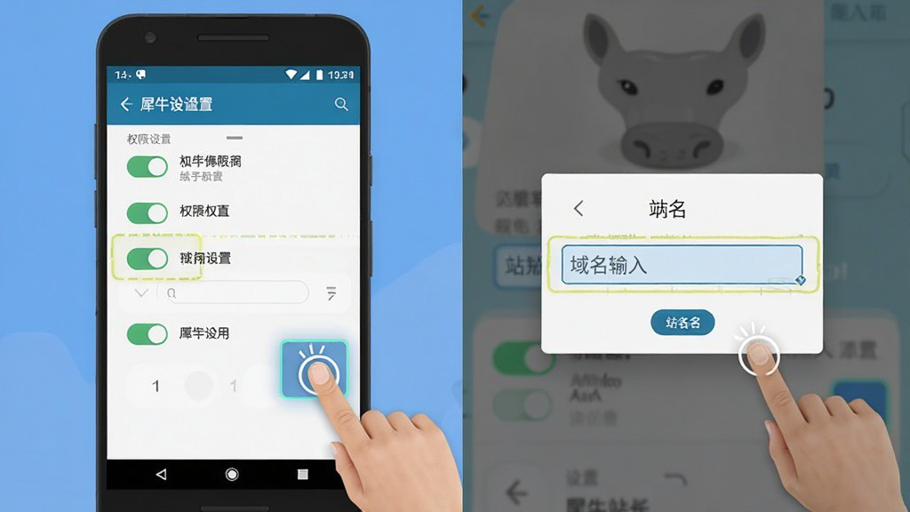 一张关于“犀牛站长”移动端上手操作的示意图,主体为手机屏幕显示权限设置界面与站点添加弹窗,布局为左右分屏、左侧权限开关右侧域名输入框,排版清晰,风格为扁平化安卓设置界面风格,细节包含手指点击动画与高亮提示框,画质高清、干净、无多余元素
