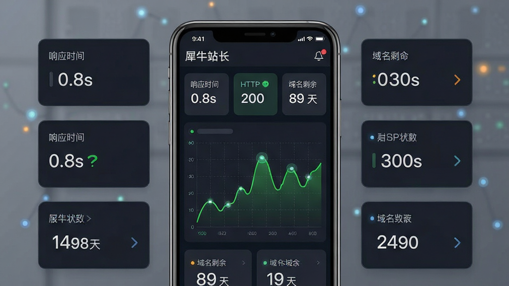 一张体现“犀牛站长”服务器与域名状态监控功能的图片,主体为手机屏幕显示服务器状态仪表盘,包含“响应时间 0.8s”“HTTP 200”“域名剩余 89 天”等数据卡片与一条绿色波动曲线,布局为手机居中、数据卡片环绕屏幕边缘,排版规整,风格为深色科技感仪表盘风格,细节带有微光数据节点与网格背景,画质高清、干净、无多余元素