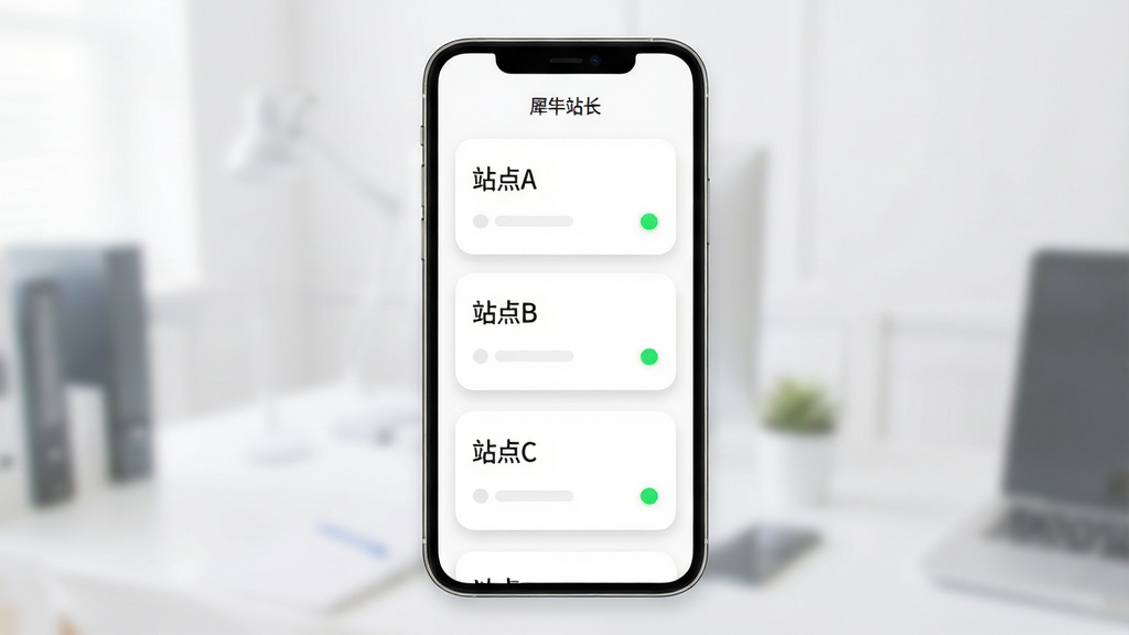 一张展示“犀牛站长”多站点集中管控功能的AI生图,画面主体为手机屏幕显示三个并排的网站卡片,卡片上分别标注“站点A”“站点B”“站点C”与绿色在线状态点,布局为手机竖屏居中、卡片纵向排列,排版清晰留白充足,风格为清新简约的移动端UI风格,细节包含圆角卡片与柔和阴影,画质高清、干净、无多余元素