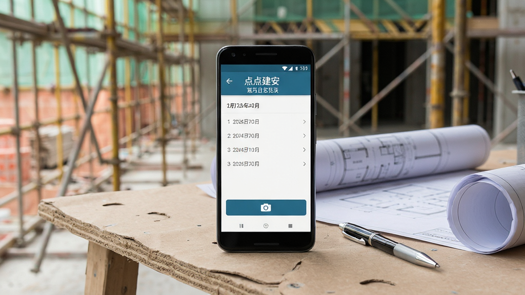一部安卓手机放置在建筑工地的临时办公桌上,手机屏幕显示“点点建安”施工日志记录界面,画面中有日期列表和拍照上传按钮,手机旁边放着一支笔和一张展开的施工图纸,背景是模糊的工地脚手架,整体风格为写实摄影感,排版为手机居中、物品自然散落,细节上手机屏幕清晰可见,画质干净明亮,无多余元素