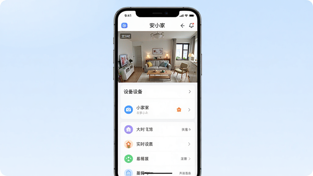 安小家软件主界面展示图,主体为一部智能手机屏幕,屏幕内显示安小家APP的实时监控画面与设备列表,布局居中,背景为浅蓝色渐变,风格简洁现代,细节包含摄像头图标与家庭元素,画质清晰干净,无多余元素