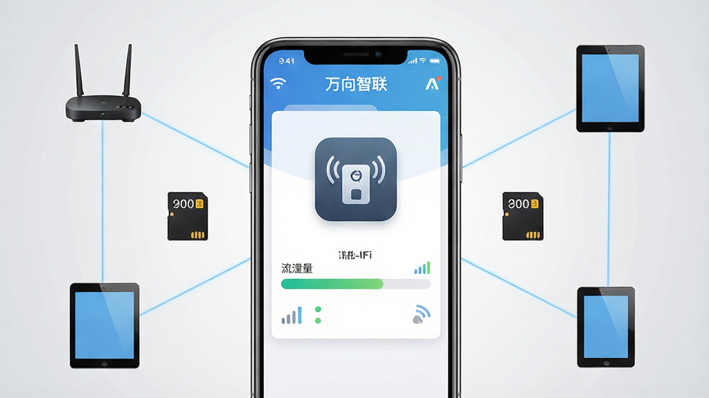画面中央放置一部智能手机,手机屏幕显示“万向智联”APP的设备管理主界面,界面中包含随身WiFi图标、流量进度条与信号强度指示。手机周围环绕路由器、流量卡、平板电脑等智能设备图标,用淡蓝色线条连接形成网络拓扑结构。背景为浅灰色渐变,整体布局居中对称,风格简洁科技感,细节清晰,画质高清,干净无多余元素。