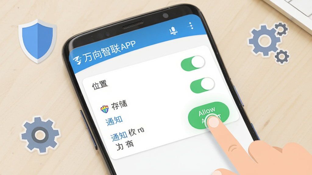 画面展示一部安卓手机屏幕显示“万向智联”APP的权限设置页面,页面中列出位置、存储、通知等权限开关,旁边有手指点击允许的示意动作。背景为浅色桌面,手机周围有盾牌与齿轮图标点缀,布局清晰,风格扁平化,细节干净,画质高清,无多余元素。