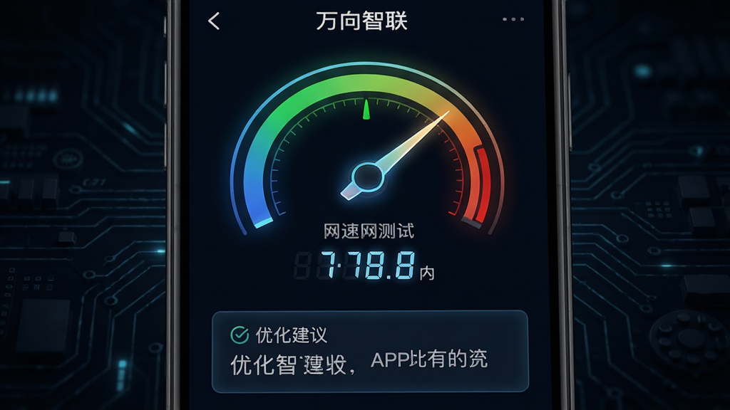 画面展示“万向智联”APP的网络检测界面,屏幕中央显示信号强度仪表盘与网速测试数字,下方有优化建议文字框,背景为深色科技风格,仪表盘带有发光效果,布局简洁聚焦,细节清晰,画质高清,干净无多余元素。