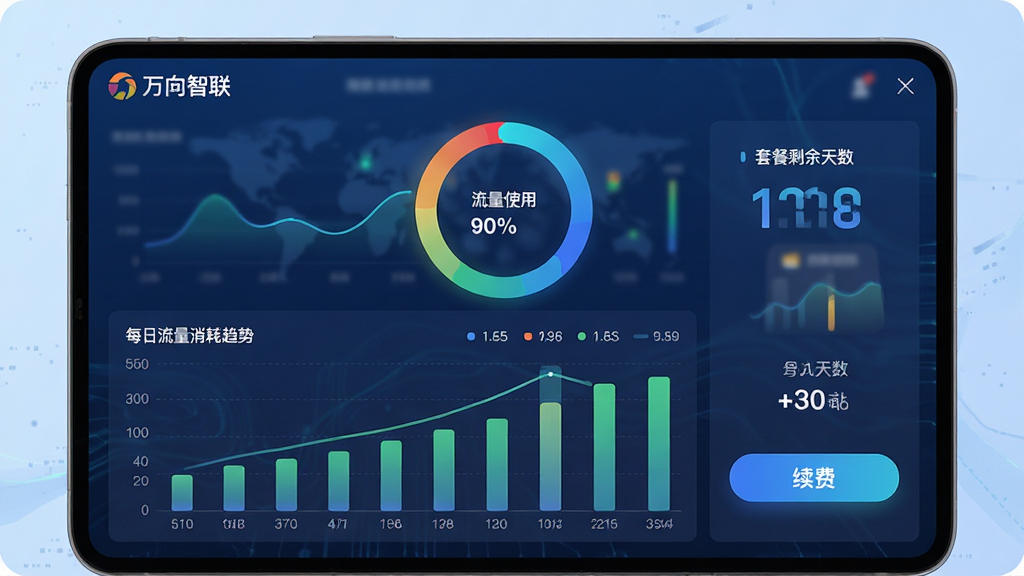 画面中央展示“万向智联”APP的流量监控面板,面板上方为环形流量使用比例图,下方为柱状图展示每日流量消耗趋势,右侧有套餐剩余天数与续费按钮。背景为淡蓝色渐变,图表色彩鲜明,布局清晰,风格现代科技,细节丰富,画质高清,干净无多余元素。