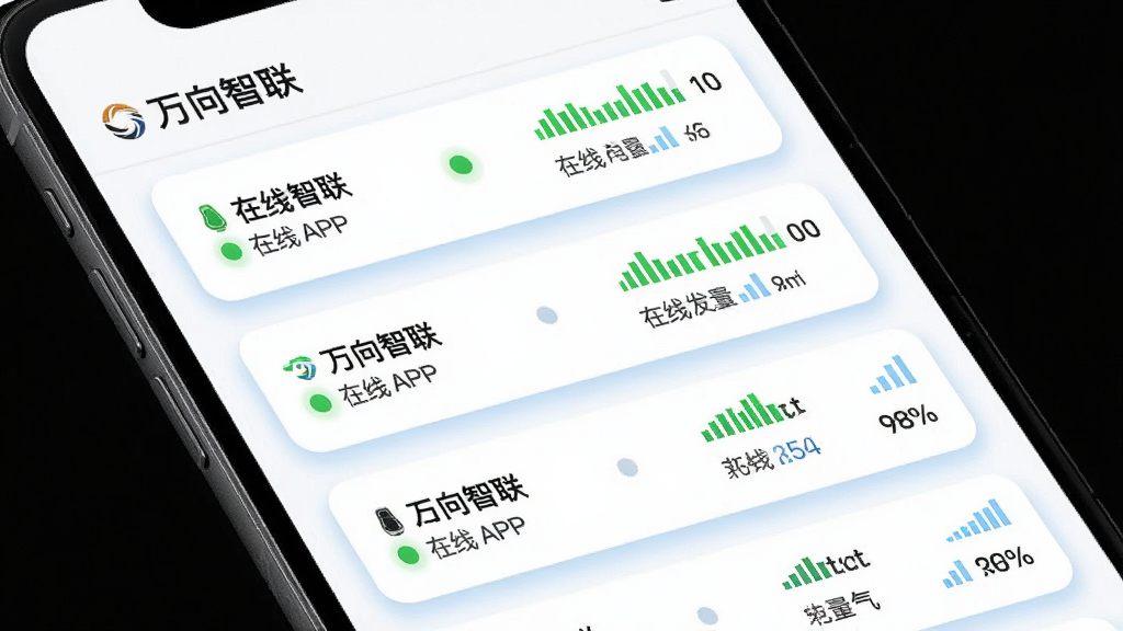 画面展示“万向智联”APP的设备列表页面,页面中整齐排列多个设备卡片,每个卡片包含设备名称、在线状态指示灯、信号格数与电量百分比。背景为纯净白色,卡片采用圆角设计带浅蓝色阴影,布局为纵向列表,风格清新简约,细节精致,画质高清,干净无多余元素。