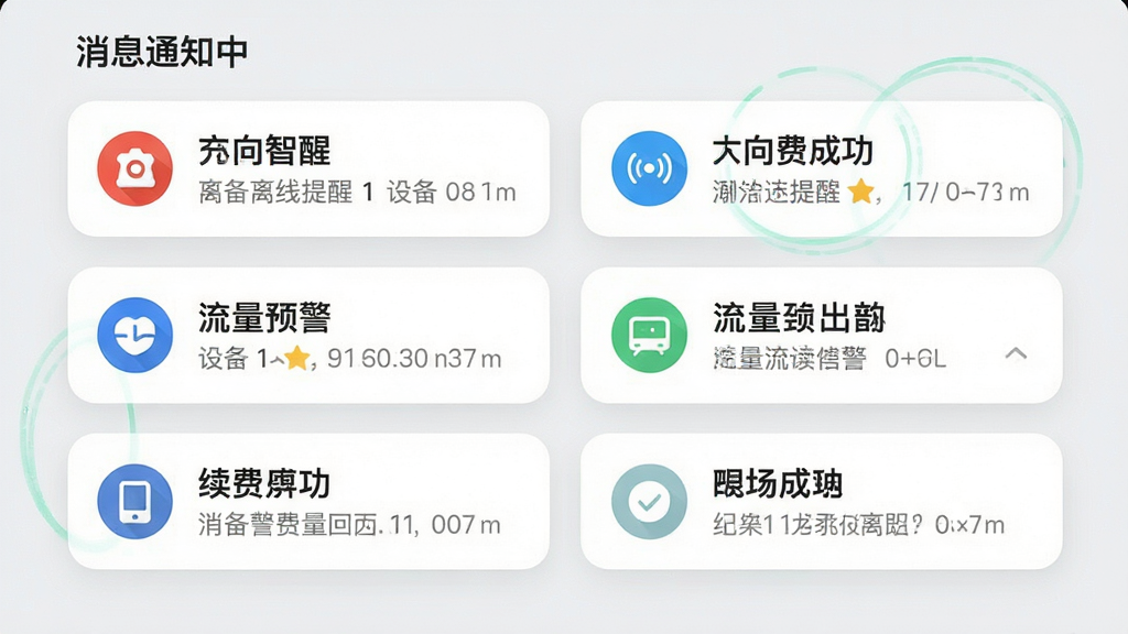 画面展示“万向智联”APP的消息通知中心页面,页面中排列多条通知卡片,包含设备离线提醒、流量预警与续费成功等消息,每条通知左侧有对应图标。背景为浅灰色,卡片为白色圆角设计,布局整洁,风格清爽,细节精致,画质高清,干净无多余元素。
