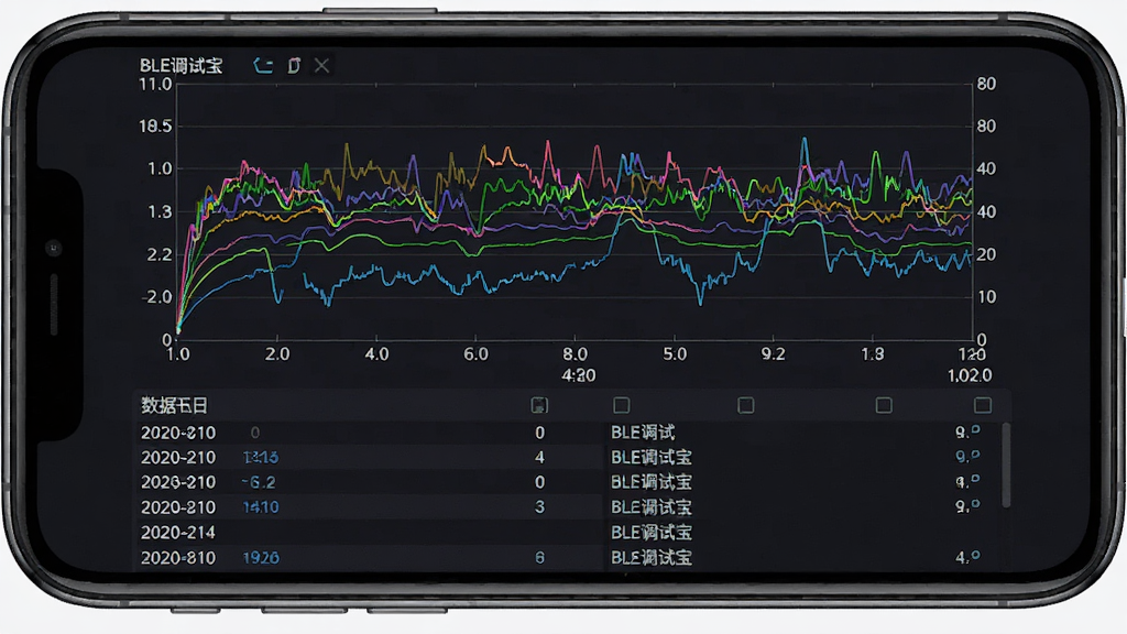 BLE调试宝数据波形展示界面,主体为手机屏幕显示实时曲线图表,布局为上方波形图下方数据日志列表,排版上下分区明确,风格为数据分析仪表盘风格,细节包括多条彩色曲线、坐标轴刻度、时间标签,画质清晰干净无多余元素