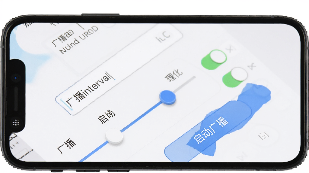 BLE调试宝外设模式设置界面,主体为手机屏幕显示广播参数配置表单,布局为纵向排列输入框和开关选项,排版规整,风格为移动端设置页面风格,细节包括UUID输入框、广播间隔滑块、启动广播按钮,画质高清干净无多余元素