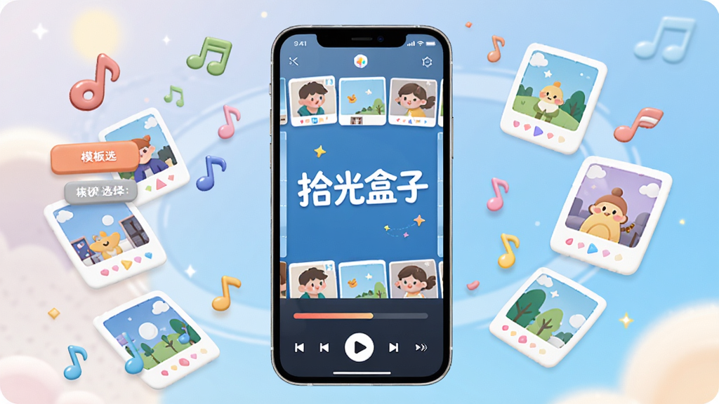 拾光盒子音乐相册生成界面,中央为手机屏幕展示相册预览,屏幕内写有“拾光盒子”文字,周围漂浮音符与照片卡片,布局为环绕式,风格为活泼卡通,细节包括模板选择按钮、进度条、播放控件,画质清晰,干净,无多余元素
