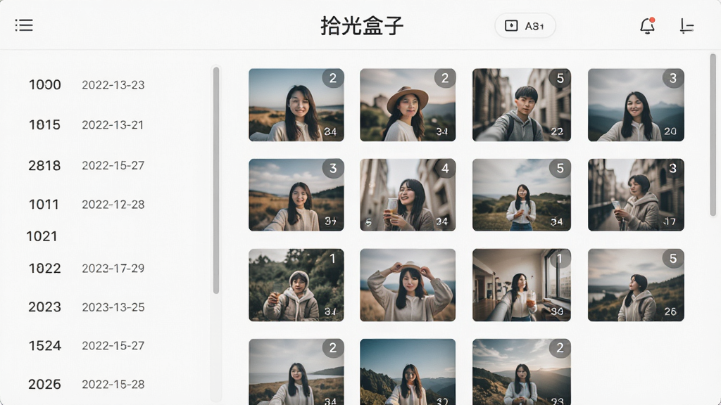 拾光盒子智能时光轴界面,左侧为年份列表,右侧为对应月份照片缩略图网格,顶部写有“拾光盒子”文字,布局为左右分栏式,风格为简约浅色UI,细节包括日期标签、照片数量角标、滚动条,画质清晰,干净,无多余元素