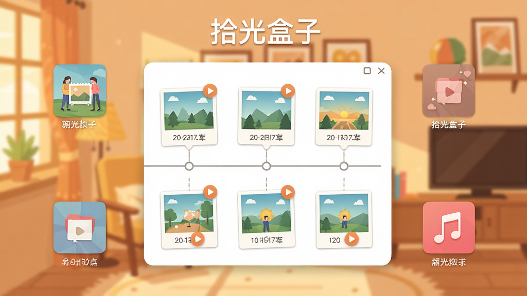 拾光盒子软件主界面,中央展示时光轴照片墙,周围环绕相册封面与音乐图标,顶部写有“拾光盒子”文字,背景为暖色调室内场景,布局采用中心对称式,风格为清新扁平插画,细节包括照片缩略图、日期标签、播放按钮,画质清晰,干净,无多余元素