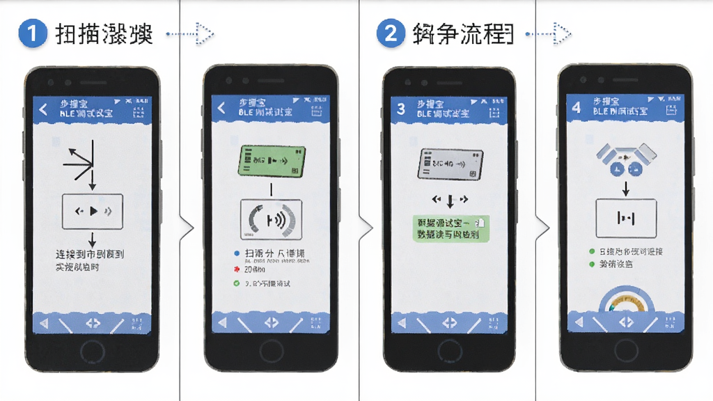 BLE调试宝新手操作流程图,主体为手机屏幕显示BLE调试宝从扫描到连接再到数据读写的完整流程,布局为四格分镜式横向排列,排版步骤清晰,风格为扁平化教程插画风格,细节包括每格标注操作步骤编号和简要文字说明,画质清晰干净无多余元素
