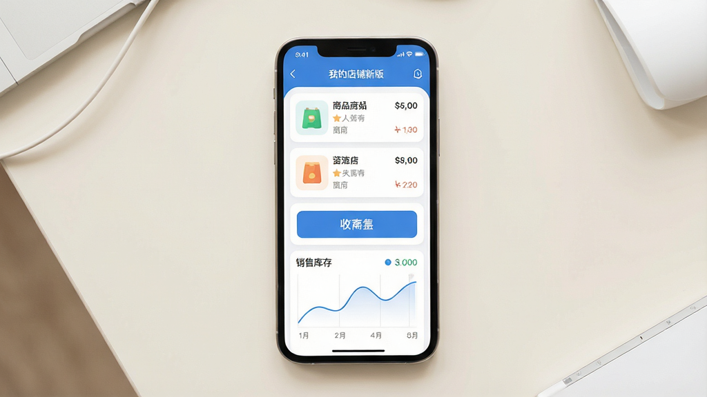一部智能手机屏幕中央展示着简洁的店铺管理应用界面,画面中有商品列表、收银按钮、库存数字和销售曲线图表,背景是干净的浅色桌面,主体突出手机与界面,布局居中对称,风格为现代扁平化科技风,细节包括圆角图标和清晰的数据面板,画质高清干净无多余元素,图片中文字标注“我的店铺新版”