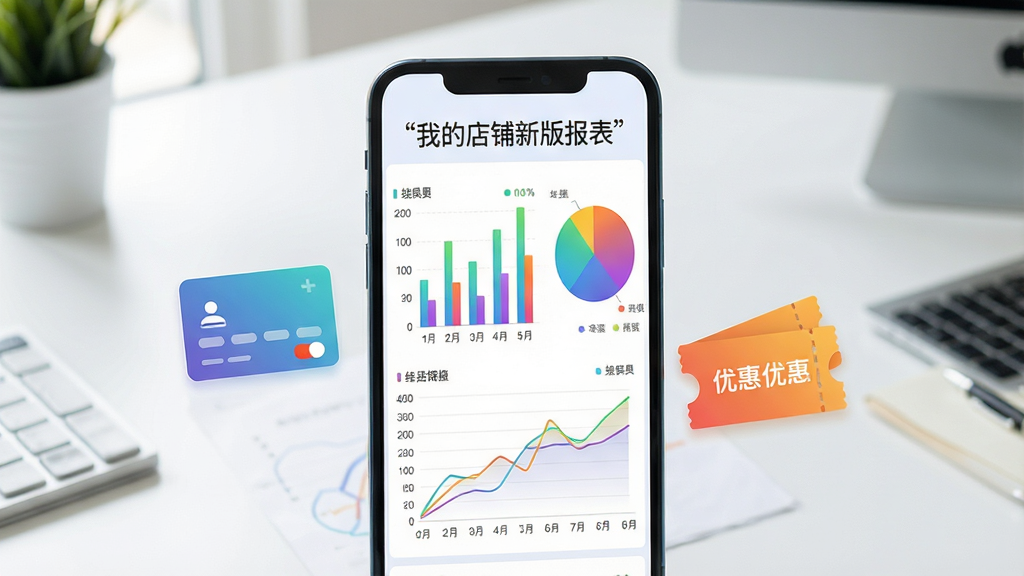 手机屏幕展示彩色数据报表,包括柱状图、饼图和折线图,旁边有会员卡图标和优惠券图案,背景是简洁的办公桌面,主体为手机与数据图表,布局居中,风格为现代商务数据可视化,细节包括清晰的数字标签和渐变色彩,画质高清干净,图片中文字标注“我的店铺新版报表”