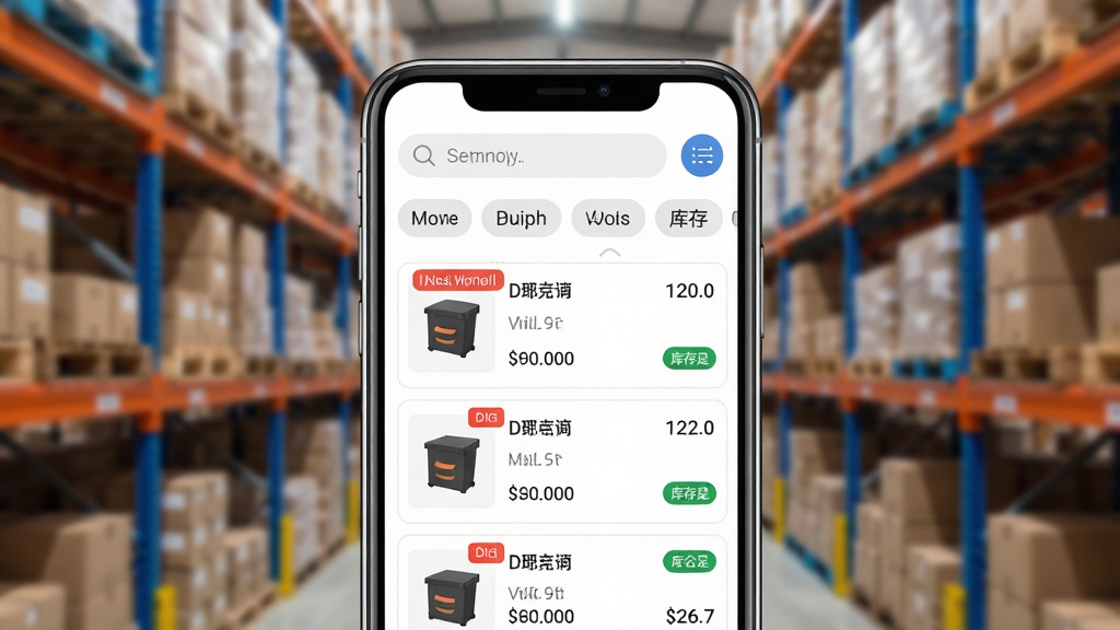 手机屏幕展示商品管理列表,每件商品有图片、名称、价格和库存数字,页面顶部有搜索框和分类标签,背景是仓库货架虚化,主体为手机界面,布局上下结构,风格为清爽的电商管理风,细节包括红色低库存提醒标签和绿色库存充足标识,画质高清干净无多余元素,图片中文字标注“我的店铺新版”