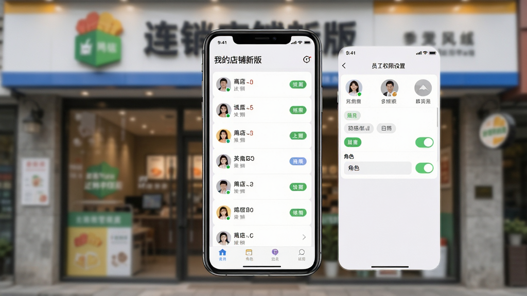 手机屏幕展示多店铺切换界面和员工权限设置页面,有店铺列表、角色标签和开关按钮,背景是连锁店门头虚化,主体为手机界面,布局左右分栏,风格为简洁管理后台风,细节包括不同颜色的权限标识和头像图标,画质高清干净,图片中文字标注“我的店铺新版”