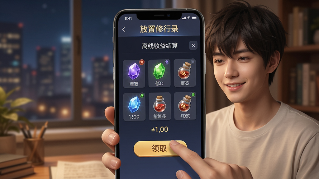 一个安静的书房场景中,手机屏幕亮起显示放置修行录离线收益结算界面,屏幕上堆满灵石与丹药图标,一位年轻玩家微笑着点击领取按钮,窗外是夜晚城市灯光,画面风格温馨写实,主体突出手机屏幕内容,布局为手机特写占画面中心,风格现代休闲,细节包含灵石、药瓶、修为数字,画质清晰干净,无多余元素,屏幕中文字“放置修行录”