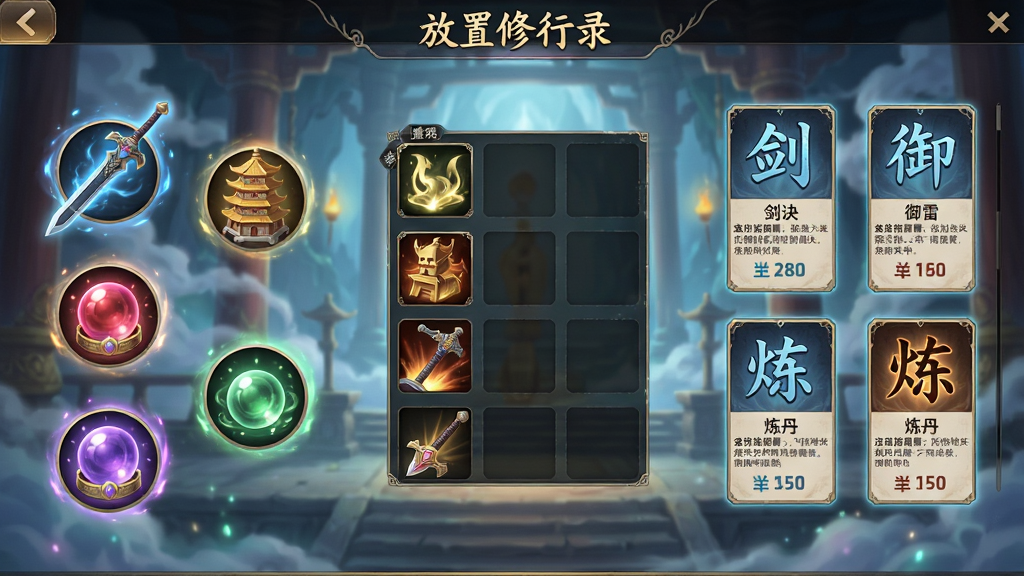 一幅展示放置修行录法宝与功法搭配界面的游戏截图风格图,画面中央是角色装备栏,左侧悬浮着飞剑、宝塔、灵珠等法宝图标,右侧展示剑诀、御雷、炼丹等功法卡片,背景为仙气缭绕的洞府,整体布局对称清晰,风格为国风仙侠UI设计,细节包含法宝光效、功法文字描述、属性数值,画质高清干净,无杂乱元素,界面顶部标注“放置修行录”