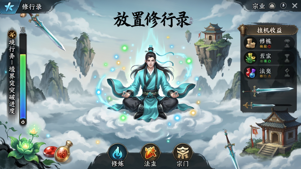 一幅仙侠风格的竖版手机游戏界面展示图,画面中央是放置修行录游戏主界面,一位身穿青色道袍的修士盘坐于云海之上,周围环绕着灵气光点与悬浮的山峰,画面左侧竖排显示境界突破进度条,右侧展示挂机收益面板,底部有修炼、法宝、宗门等功能按钮,整体布局清晰,风格为中国水墨与仙侠幻想融合,细节包含灵草、丹药、飞剑、洞府等元素,画质高清干净,无多余杂乱元素,画面中文字标注“放置修行录”
