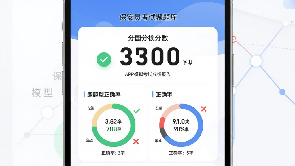 ����Ϊ������Ա���Ծ���⡱APPģ�⿼�Գɼ�����ҳ�棬����Ϊ���п�Ƭʽ��ƣ��Ű��Ϸ���ʾ���������֣��·�Ϊ��������ȷ�ʻ���ͼ�����Ϊ�ִ���Լ���ݿ��ӻ���ϸ�ڰ�����ɫ�Թ�����ɫ��ű�ǣ����ʸ���ɾ��޶���Ԫ��