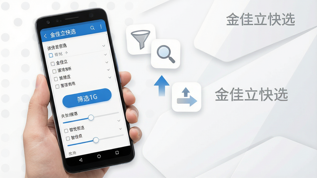 一张展示金佳立快选智能筛选功能的场景图,画面主体为一只手持安卓手机,手机屏幕显示金佳立快选的筛选设置页面,页面上有多个条件选项和滑块控件,屏幕中央有一个醒目的筛选按钮。手机旁边漂浮着漏斗、放大镜和排序箭头等图标,象征智能过滤与快速匹配。背景为白色与浅灰色的简洁风格,细节清晰,画质干净,无多余元素,图片中可带有