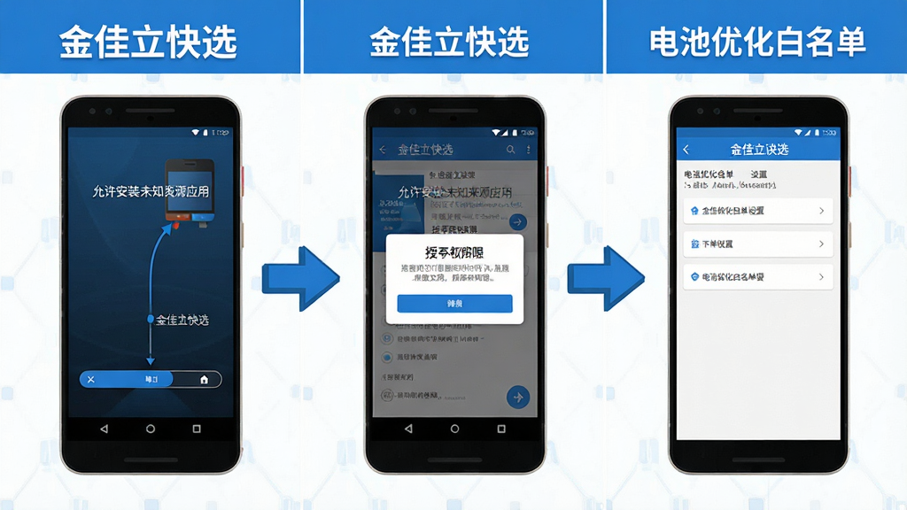 一张展示金佳立快选安装与设置流程的步骤图,画面分为三个部分,从左到右依次为:允许安装未知来源应用、授予权限弹窗、电池优化白名单设置界面。每部分都有安卓手机屏幕截图风格的插图,配有箭头引导。整体风格简洁明了,色调以蓝白为主,细节清晰,画质干净,无多余元素,图片中可带有