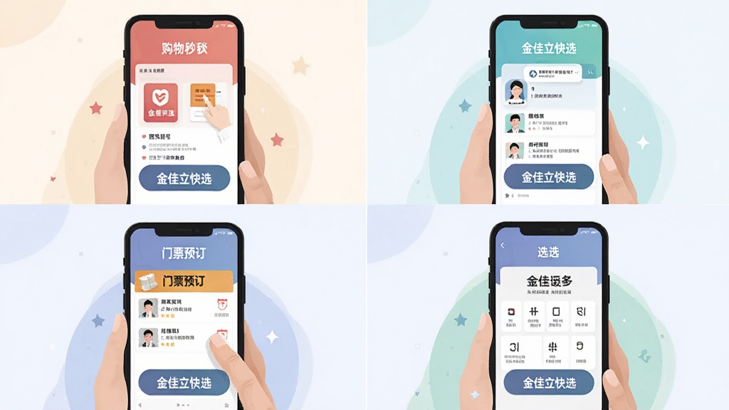 一张展示金佳立快选多场景应用的拼贴图,画面由四个小场景组成,分别展示手机屏幕上的购物秒杀、医院挂号、门票预订和选号界面,每个场景都有金佳立快选的悬浮按钮或标识。整体布局整齐,风格统一为扁平化插画,色调柔和,细节清晰,画质干净,无多余元素。