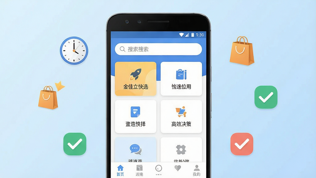 一张展示金佳立快选手机应用界面的产品预览图,画面中央放置一部安卓手机,手机屏幕显示金佳立快选的主操作界面,界面采用简洁的卡片式布局,顶部有搜索栏,中部排列着多个功能入口按钮,底部为导航栏。手机周围环绕着时钟、购物袋、勾选标记等小图标,象征快速选择与高效决策。背景为浅蓝色渐变,风格清新现代,细节干净利落,画质清晰,无多余元素。
