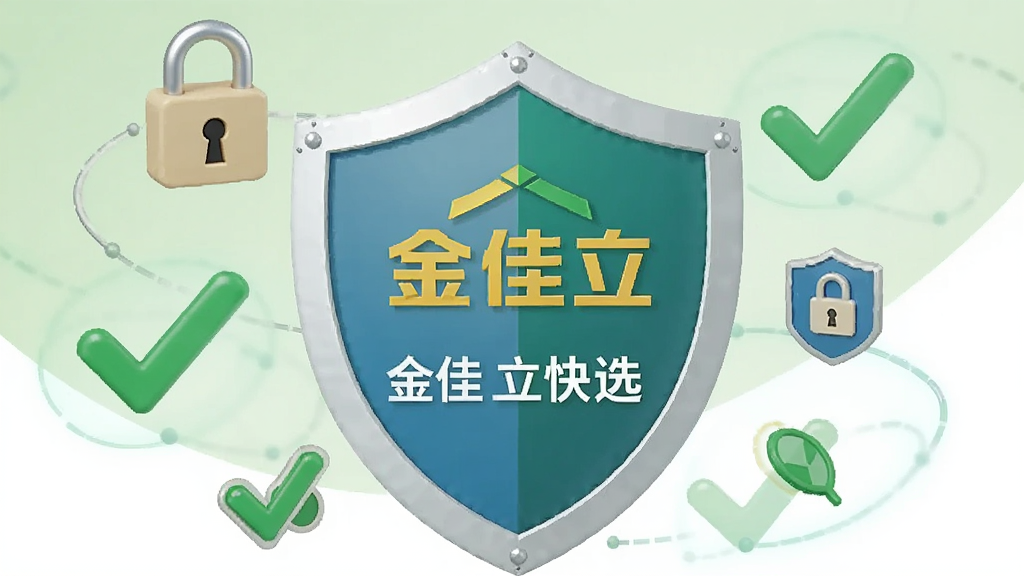 一张展示金佳立快选安全防护概念的插图,画面中央是一个盾牌图标,盾牌内部有金佳立快选的标志,盾牌周围环绕着锁、勾选标记和绿色对勾等安全符号。背景为浅绿色与白色渐变,风格简洁商务,细节干净,画质清晰,无多余元素,图片中可带有