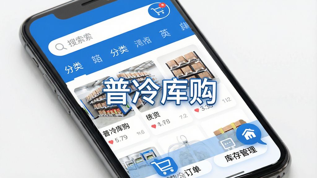 手机屏幕展示普冷库购应用首页界面,顶部为搜索栏和分类导航,中部为商品列表和采购车图标,底部为订单与库存管理入口,画面中央清晰显示“普冷库购”文字,整体布局简洁有序,采用蓝白配色,风格现代商务,细节干净,画质高清,无多余元素
