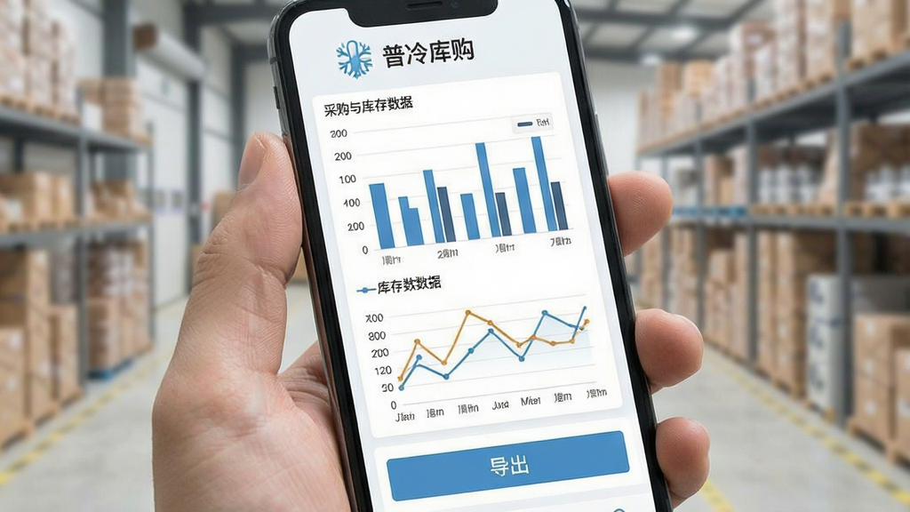 手机屏幕展示普冷库购数据报表页面,顶部显示“普冷库购”标识,中部为柱状图和折线图展示采购与库存数据,底部为导出按钮,界面采用浅色商务风格,布局规整,画质清晰,干净整洁,无多余元素