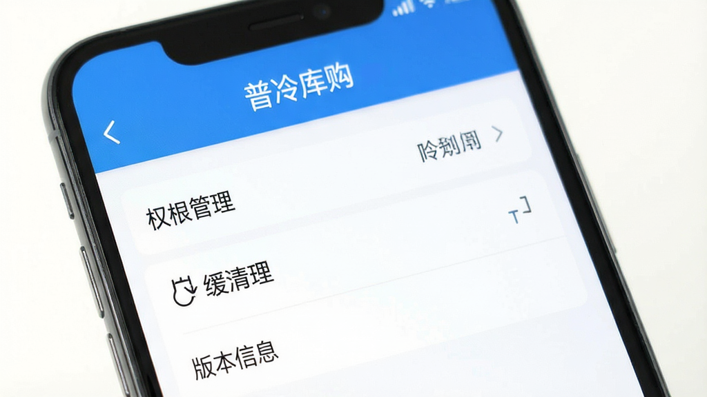 手机屏幕展示普冷库购应用设置页面,包含权限管理、缓存清理和版本信息等选项,页面顶部显示“普冷库购”名称,界面采用蓝白配色,布局清晰,风格简洁实用,画质高清,干净无多余元素