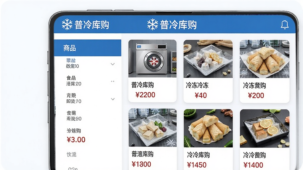 手机应用界面展示普冷库购一站式冷链采购页面,左侧为商品分类栏,右侧为冷冻食品商品卡片列表,每张卡片包含商品图片、名称和价格,屏幕上方显示“普冷库购”品牌标识,整体采用蓝白清爽配色,布局整齐,风格简洁商务,画质清晰,无多余装饰元素