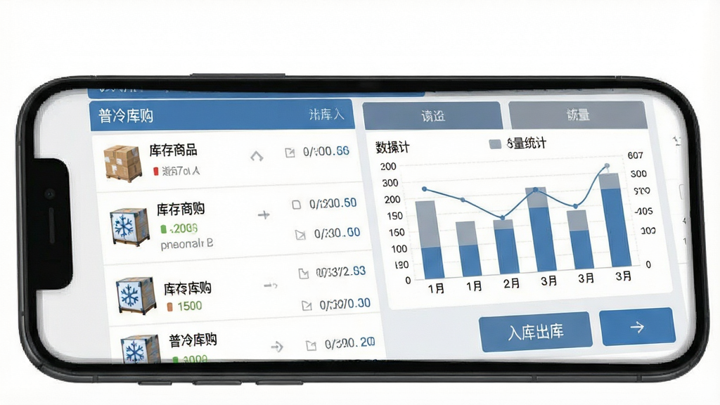 手机屏幕展示普冷库购库存管理界面,页面顶部显示“普冷库购”名称,中部为库存商品列表和数量统计图表,底部为入库出库操作按钮,界面采用蓝灰配色,布局清晰,风格简洁专业,画质高清,干净无多余元素