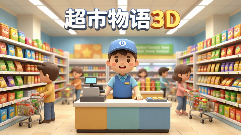 一个明亮整洁的3D超市内部场景,画面中央是主角店长站在收银台后,两侧是摆满商品的货架,顾客推着购物车在过道中行走,顶部有