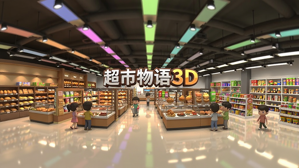 一个3D超市扩建后的全景视角,画面展示多个不同商品区域,包括烘焙区、熟食区和玩具区,天花板有彩色灯光,地面干净反光,顾客络绎不绝,画面中央有